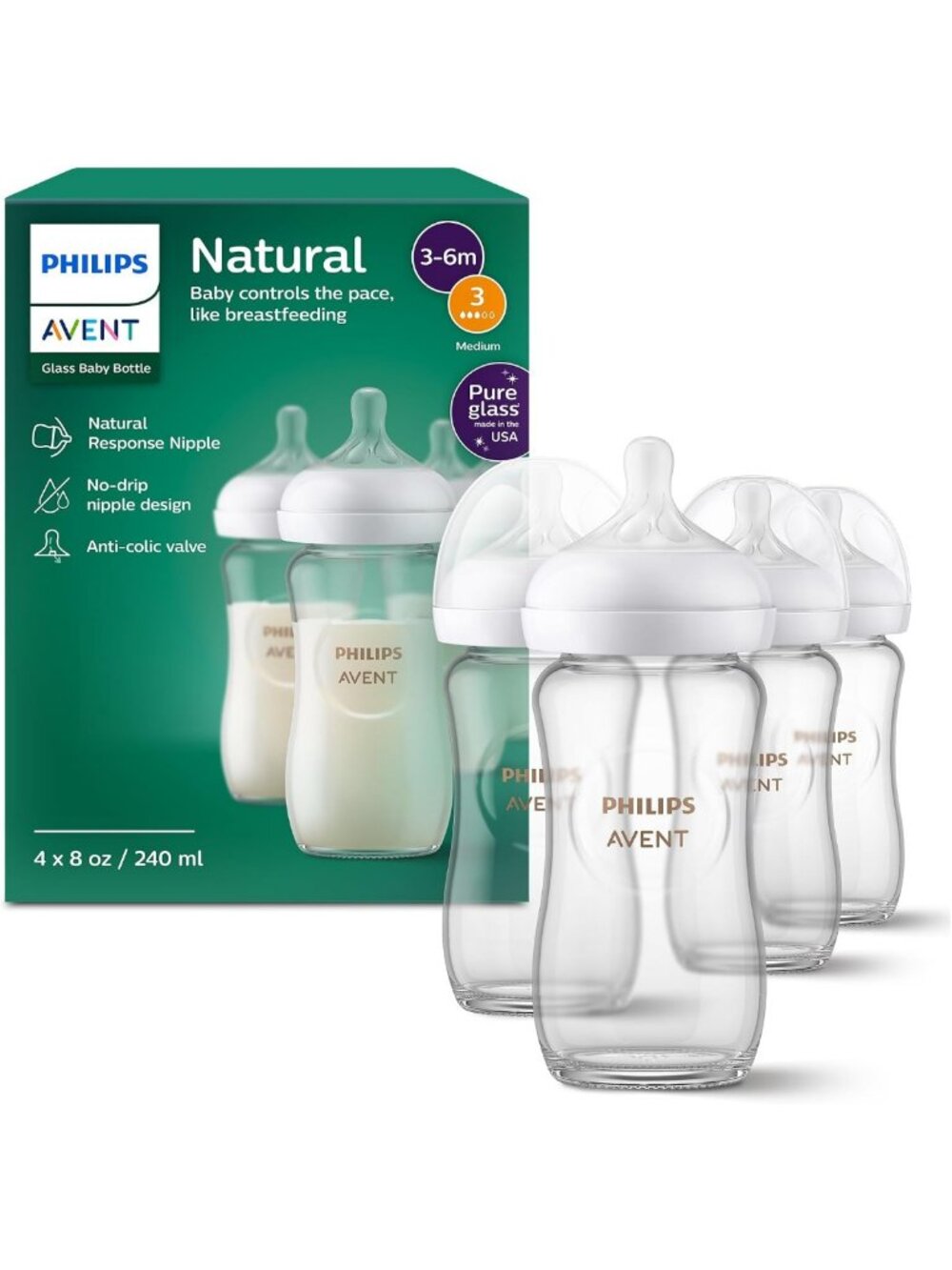 Natural Glass Baby Bottles 8 oz, Medium Flow, BPA-Free, Eco-Friendly Feeding